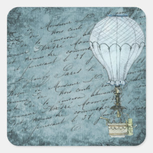 Dampfpunk-Heißluftballon Dämmerung Blau Handschrif Quadratischer Aufkleber