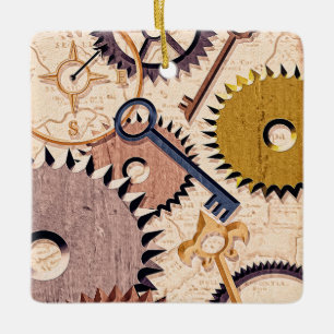 Dampfrad, Getriebe, Schlüssel, Alte Ölfarbe Keramikornament