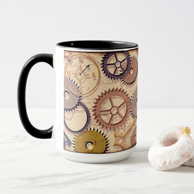 Dampfrad, Getriebe, Schlüssel, Alte Ölfarbe Tasse (Mit Donut)