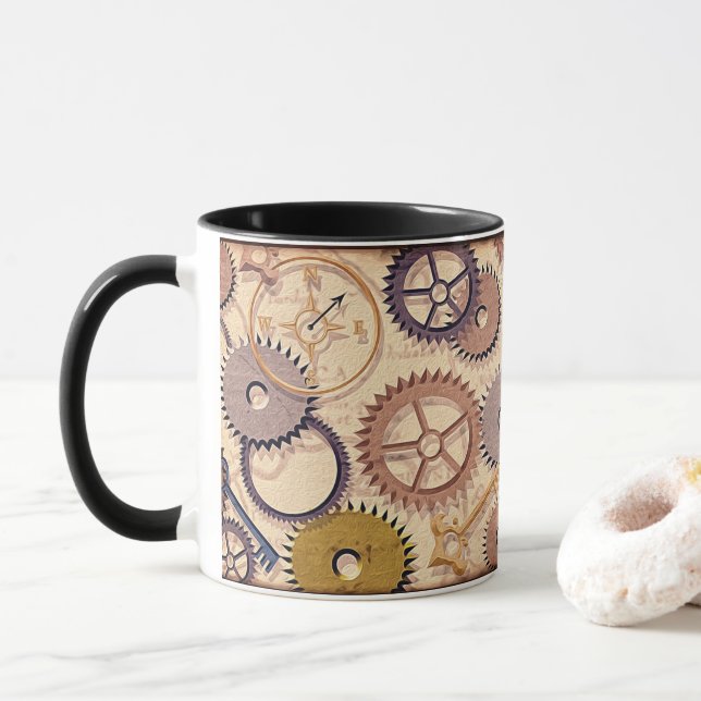Dampfrad, Getriebe, Schlüssel, Alte Ölfarbe Tasse (Mit Donut)