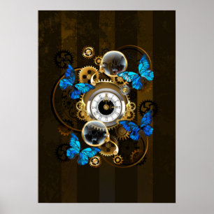 Dampfrad-Zahnräder und blaue Schmetterlinge Poster