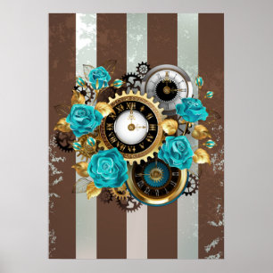 Dampfräderuhr und Türkisrosen auf Gestreift Poster