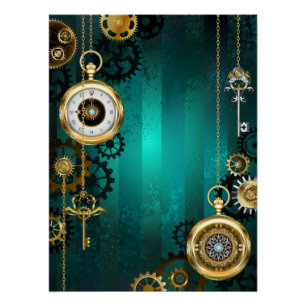 Dampfrück-Uhr auf grünem Hintergrund Poster
