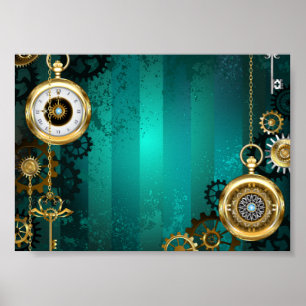 Dampfrück-Uhr auf grünem Hintergrund Poster