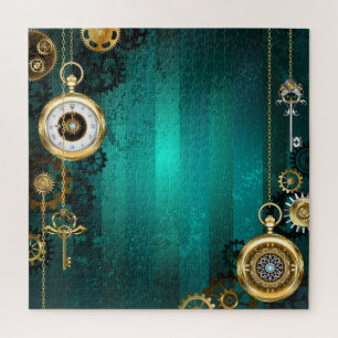 Dampfrück-Uhr auf grünem Hintergrund Puzzle
