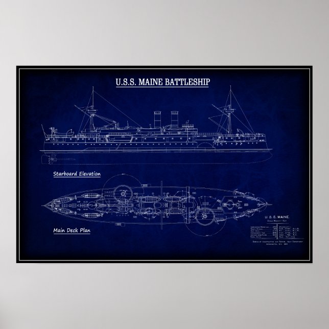 Dampfschiff USS MAINE Blueprint 1894 Poster (Vorne)