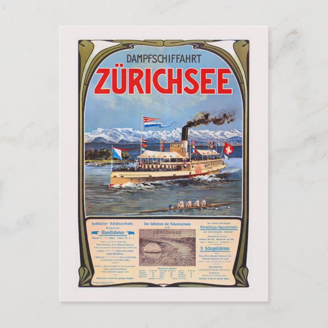 Dampfschiffahrt Zürichsee Vintage Poster 1900 Postkarte (Vorderseite)