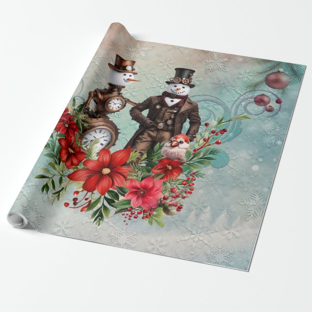 Dampfschneemann und Steampunksschneefrau Geschenkpapier (Ungerollt)