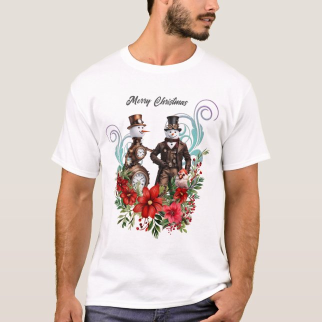 Dampfschneemann und Steampunksschneefrau T-Shirt (Vorderseite)