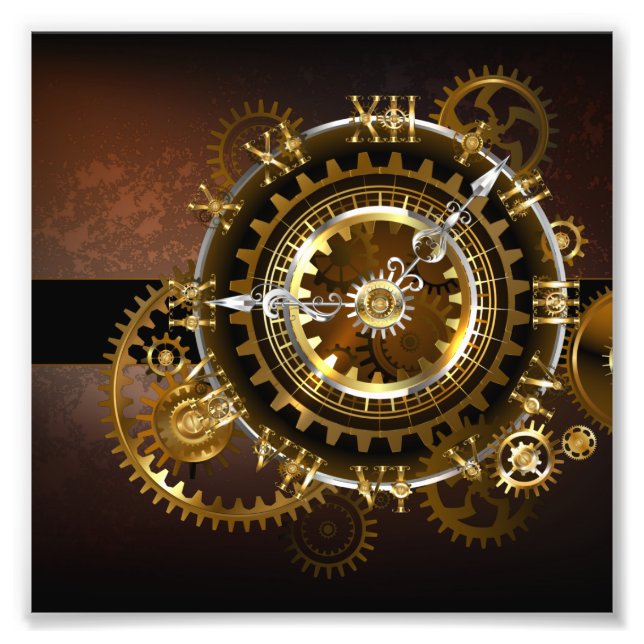 Dampfuhrwerk-Uhr mit antiken Zahnrädern Fotodruck (Vorne)