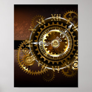Dampfuhrwerk-Uhr mit antiken Zahnrädern Poster