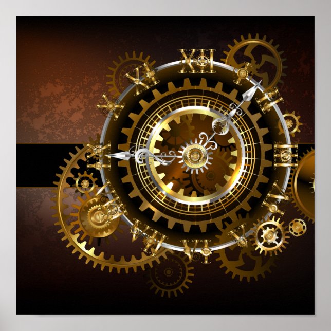 Dampfuhrwerk-Uhr mit antiken Zahnrädern Poster (Vorne)