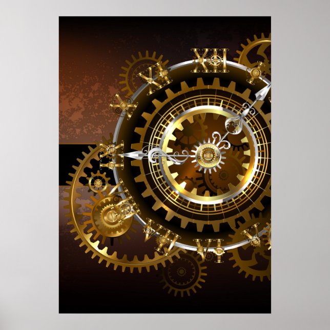 Dampfuhrwerk-Uhr mit antiken Zahnrädern Poster (Vorne)