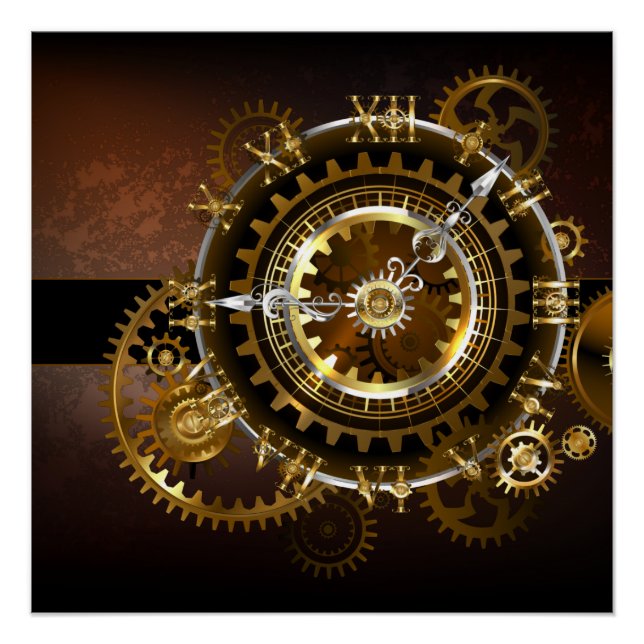 Dampfuhrwerk-Uhr mit antiken Zahnrädern Poster (Vorderseite)
