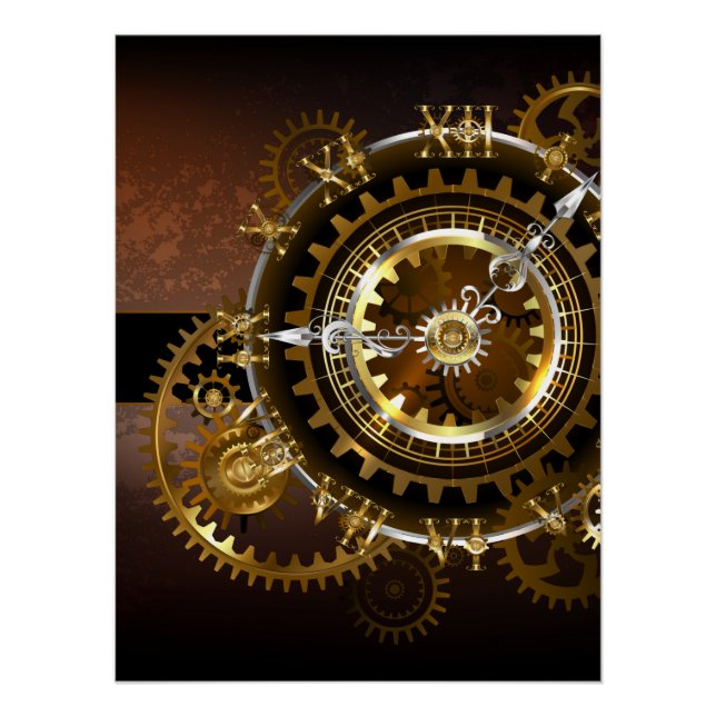 Dampfuhrwerk-Uhr mit antiken Zahnrädern Poster (Vorderseite)