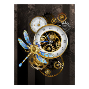 Dampfuhrwerk-Uhr mit mechanischer Libelle Poster