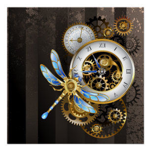 Dampfuhrwerk-Uhr mit mechanischer Libelle Poster
