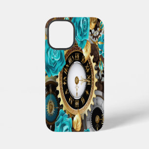 Dampfuhrwerk-Uhr und Türkisrosen auf gestreiftem H iPhone 12 Mini Hülle