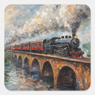 Dampfzug auf einer Brücke - Ölgemälde Quadratischer Aufkleber