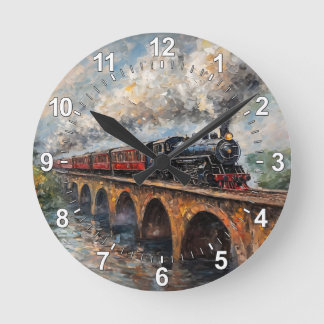 Dampfzug auf einer Brücke - Ölgemälde Runde Wanduhr