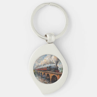Dampfzug auf einer Brücke - Ölgemälde Schlüsselanhänger