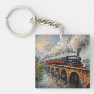 Dampfzug auf einer Brücke - Ölgemälde Schlüsselanhänger