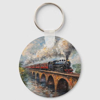 Dampfzug auf einer Brücke - Ölgemälde Schlüsselanhänger