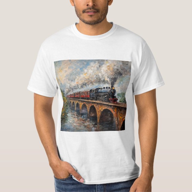 Dampfzug auf einer Brücke - Ölgemälde T-Shirt (Vorderseite)