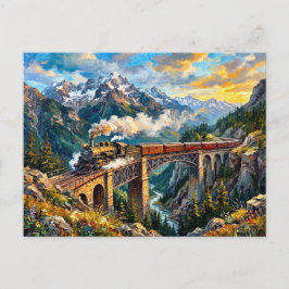 Dampfzug Berg Brücke Viadukt Sonnenuntergang Kunst Postkarte