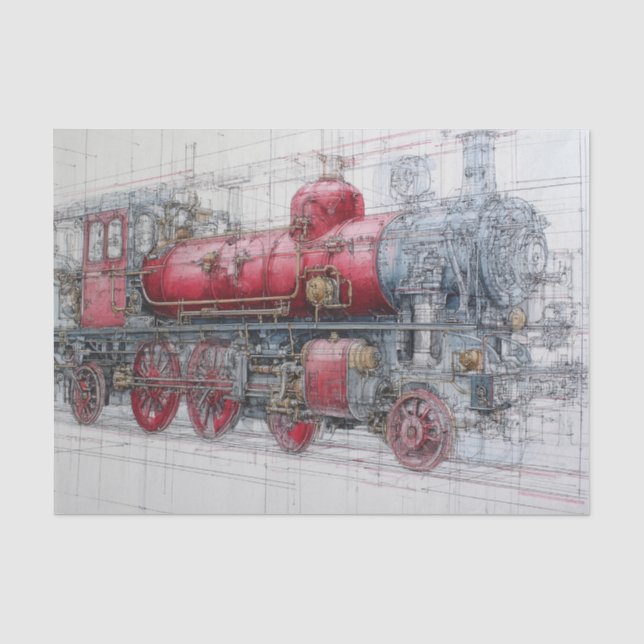 Dampfzug-Blueprint im Vintage-Stil Seidenpapier (Vorderseite)