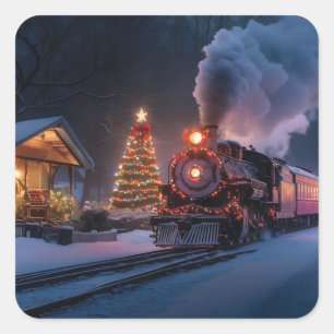 Dampfzug durch die Weihnachtsstadt Quadratischer Aufkleber