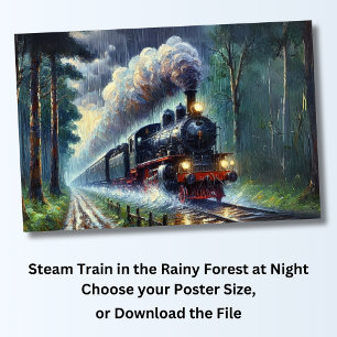 Dampfzug im Regenwald bei Nacht, Eisenbahn Poster