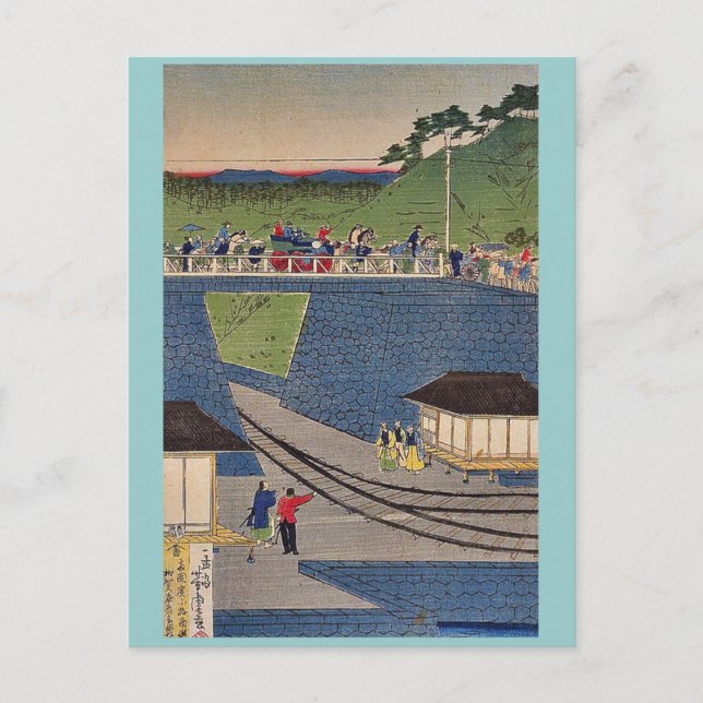 Dampfzug in Takanawa, Tokio, Utagawa, Yoshitora Postkarte (Vorderseite)