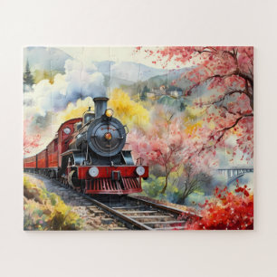 Dampfzug-Träume Landschaft Aquarell-Kunstwerk j Puzzle