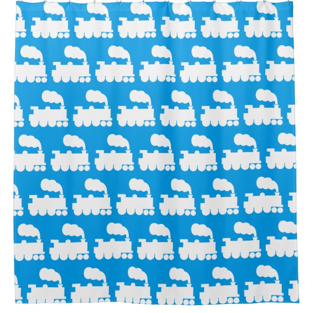 Dampfzug - Weiß auf blau Duschvorhang (Vorderseite)