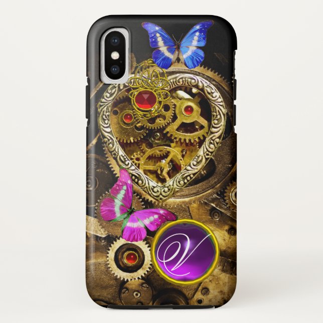 DAMPUNKHERZ, GEARS,GEMS,BUTTERFLIES-MONOGRAMM Case-Mate iPhone HÜLLE (Rückseite)