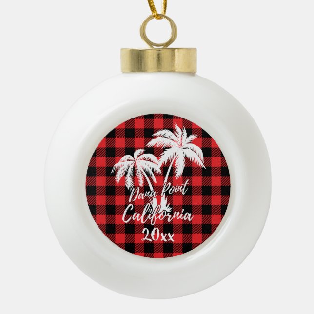 Dana Point California Beach Palm Tree Red Kariert Keramik Kugel-Ornament (Vorderseite)