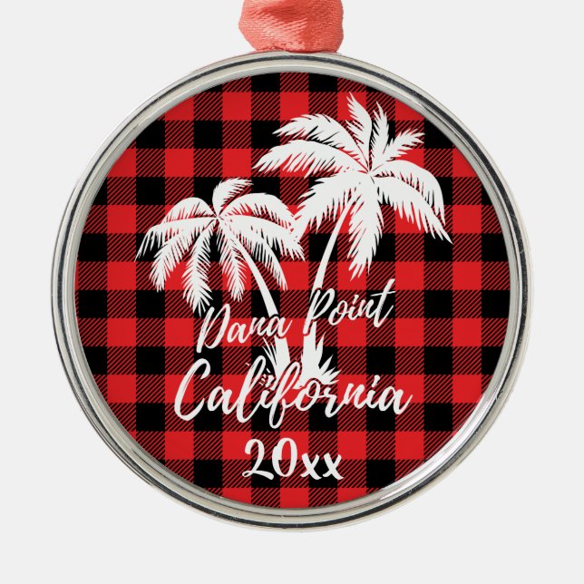 Dana Point California Beach Palm Tree Red Kariert Ornament Aus Metall (Vorne)