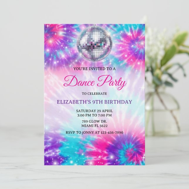Dance Birthday Party Tie Dye Glow Dance Disco Einladung (Stehend Vorderseite)