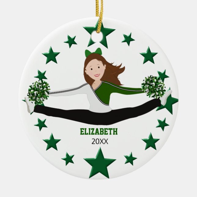 Dance Cheer Brünette Grüne Sterne & Weiß Keramik Ornament (Vorne)