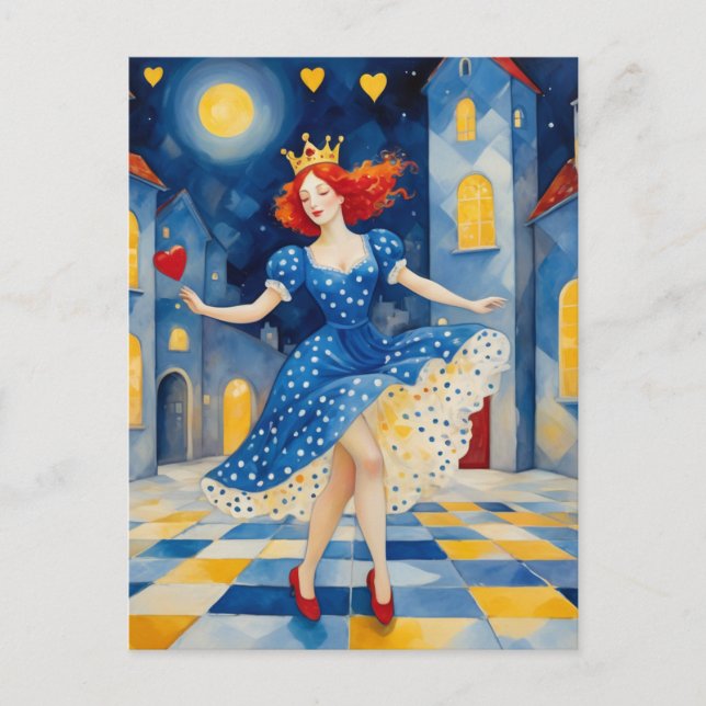 Dance Lady mit Red Hair Blue Dress Gold Crown Postkarte (Vorderseite)
