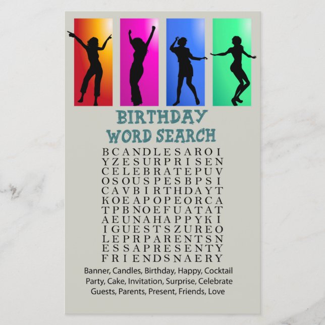 Dance Party Birthday Word Search Game (Vorderseite)
