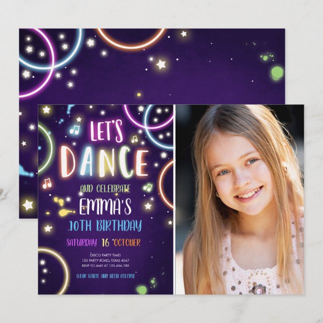 Dance Party Neon Glow Disco Zum Geburtstag Einladu Einladung (Vorne/Hinten)