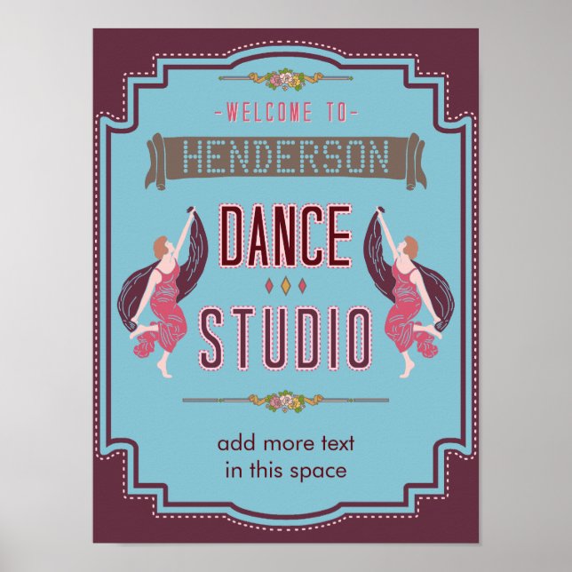 Dance Studio Personalisiert Name Blue Retro Custom Poster (Vorne)