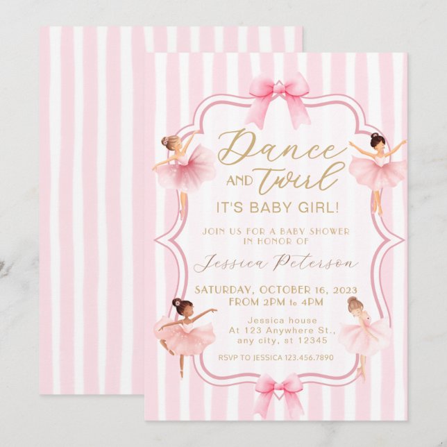 Dance & Twirl Pink Ballerina Ballet Baby Shower Einladung (Vorne/Hinten)