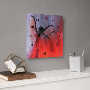 Dance Wall Clock Lady Dame in Rot Quadratische Wanduhr