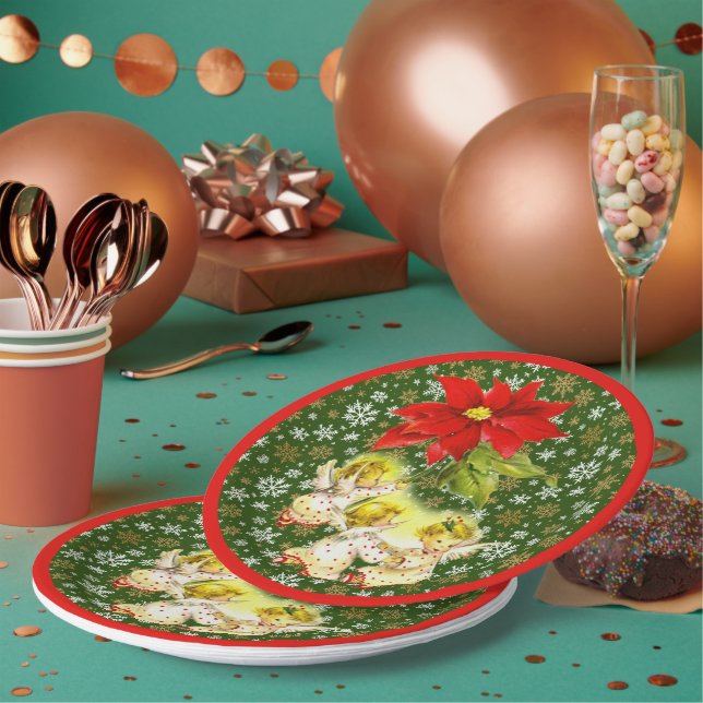 Dancing Baby Angels mit Schneeflocken auf Green Pappteller (Multi)