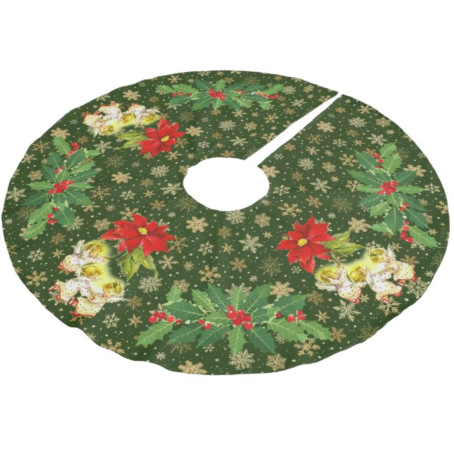 Dancing Baby Angels on Green mit Gold Snowflakes Polyester Weihnachtsbaumdecke (Schrägansicht)