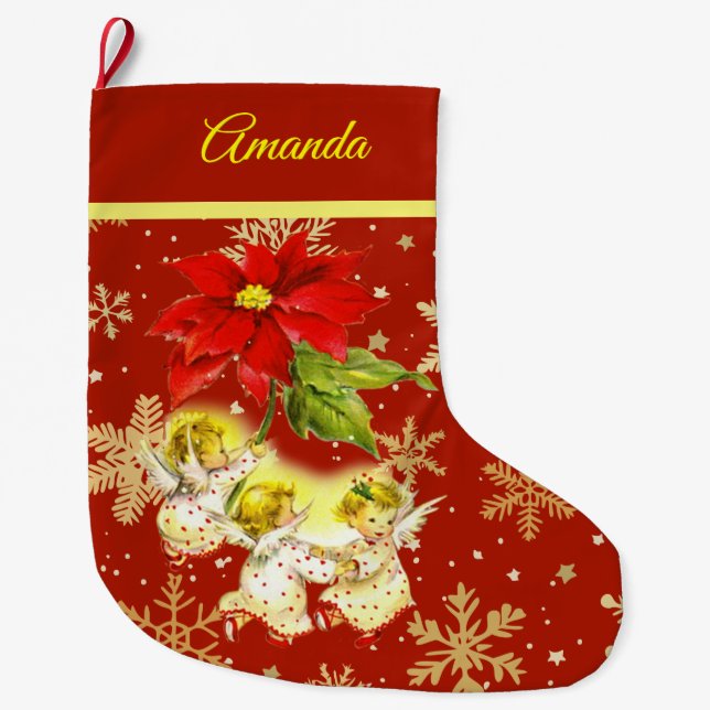 Dancing Baby Angels on Red mit Gold Snowflakes Großer Weihnachtsstrumpf (Vorderseite)
