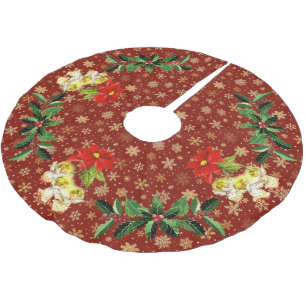 Dancing Baby Angels on Red mit Gold Snowflakes Polyester Weihnachtsbaumdecke